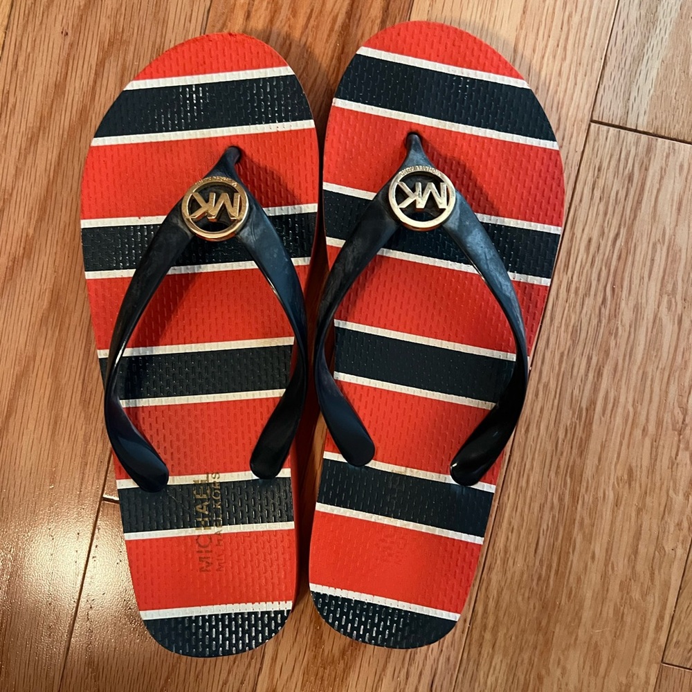 Michael kors flip flops blue and red with gold MK lightly worn